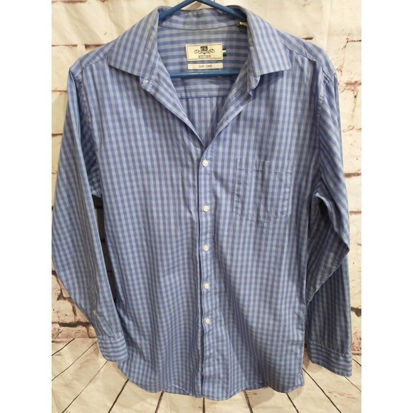 CR Fitted Button Shirt Men's Medium 15 32/33 Long Sleeve Blue Gingham Checked - Picture 1 of 6